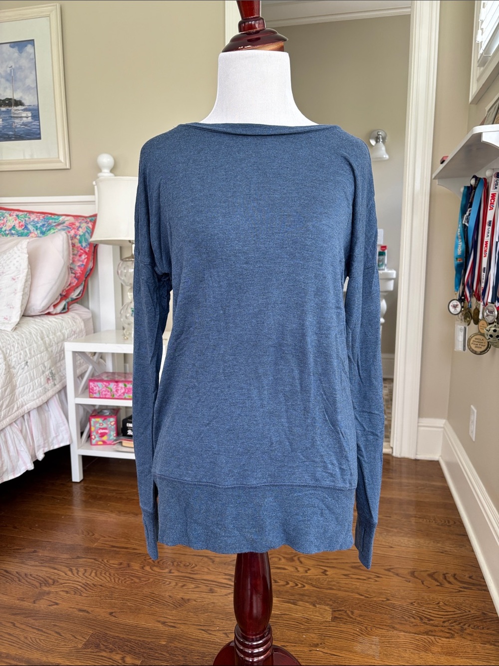 Athleta Heathered Slate Blue Boatneck Pullover